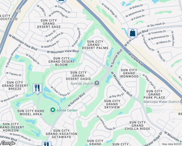 map of restaurants, bars, coffee shops, grocery stores, and more near 15610 West Hidden Creek Lane in Surprise