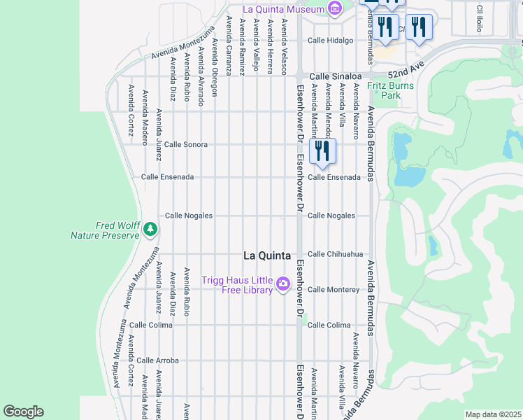 map of restaurants, bars, coffee shops, grocery stores, and more near 52720 Avenue Vallejo in La Quinta