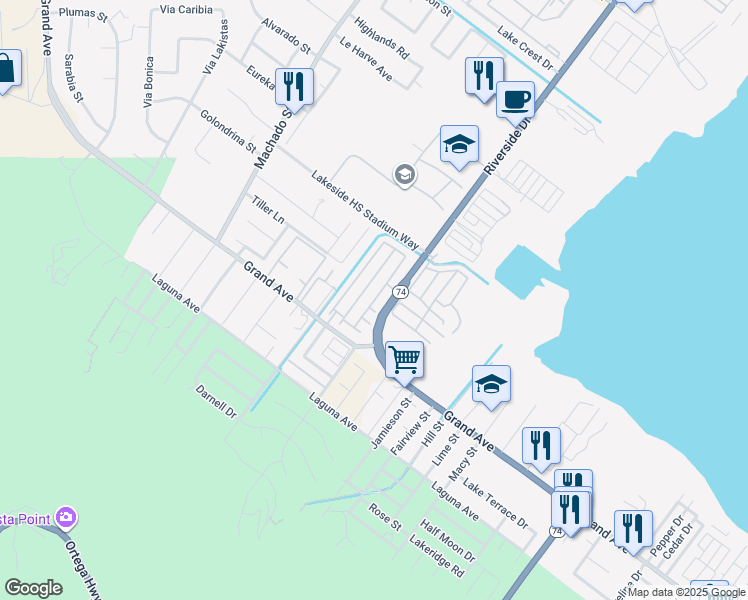 map of restaurants, bars, coffee shops, grocery stores, and more near 32957 Pacifica Place in Lake Elsinore