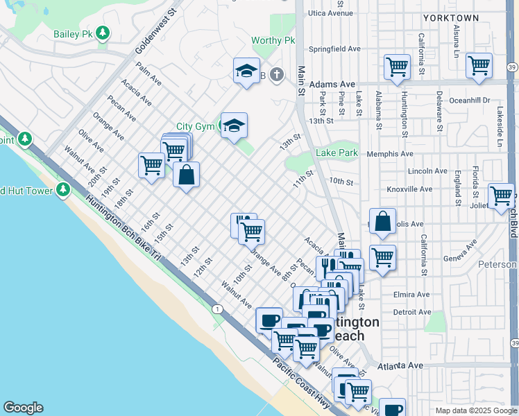 map of restaurants, bars, coffee shops, grocery stores, and more near 520 12th Street in Huntington Beach