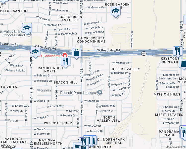 map of restaurants, bars, coffee shops, grocery stores, and more near 19806 North 5th Drive in Phoenix