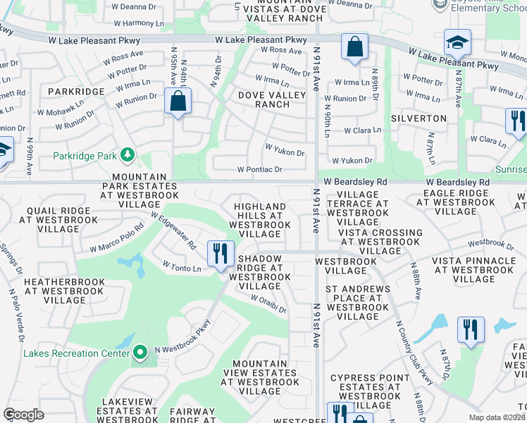 map of restaurants, bars, coffee shops, grocery stores, and more near 20122 North 92nd Avenue in Peoria