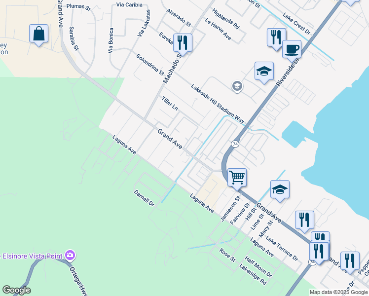 map of restaurants, bars, coffee shops, grocery stores, and more near 15170 Grand Avenue in Lake Elsinore