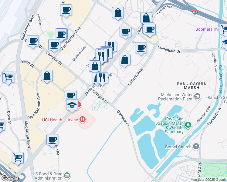 map of restaurants, bars, coffee shops, grocery stores, and more near 3229 Watermarke Place in Irvine