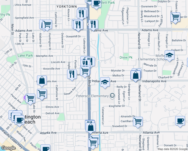 map of restaurants, bars, coffee shops, grocery stores, and more near 20402 7 Seas Lane in Huntington Beach