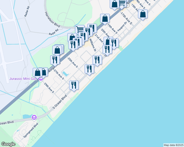 map of restaurants, bars, coffee shops, grocery stores, and more near 2405 South Ocean Boulevard in Myrtle Beach