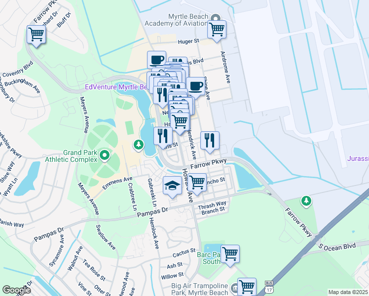 map of restaurants, bars, coffee shops, grocery stores, and more near 2798 Howard Avenue in Myrtle Beach