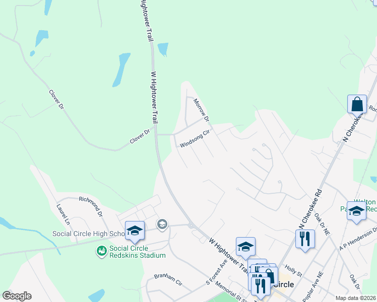 map of restaurants, bars, coffee shops, grocery stores, and more near 211 Windsong Circle in Social Circle