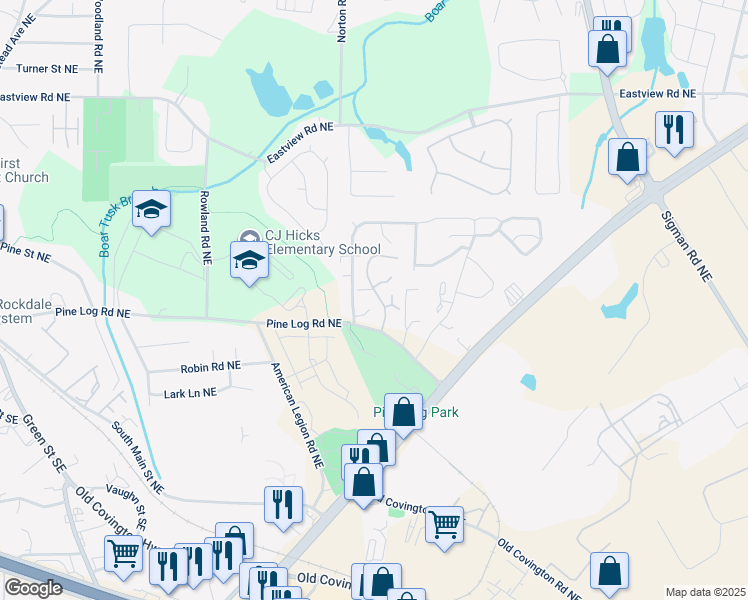map of restaurants, bars, coffee shops, grocery stores, and more near 1450 Pine Logging Road Northeast in Conyers