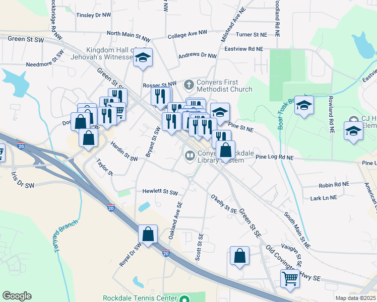 map of restaurants, bars, coffee shops, grocery stores, and more near 890 Green Street Southwest in Conyers