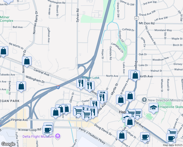 map of restaurants, bars, coffee shops, grocery stores, and more near 831 North Avenue in Hapeville