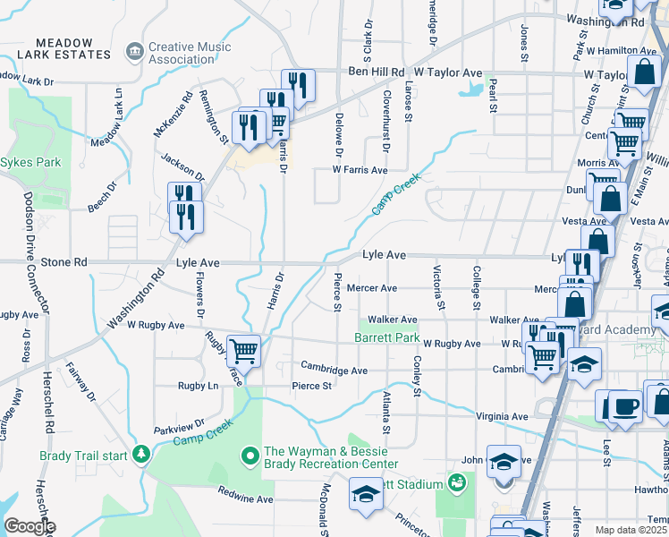 map of restaurants, bars, coffee shops, grocery stores, and more near 3300 Pierce Street in College Park