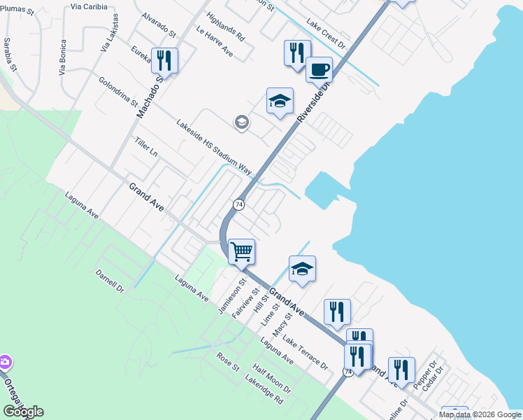 map of restaurants, bars, coffee shops, grocery stores, and more near 32902-32934 Riverside Dr in Lake Elsinore