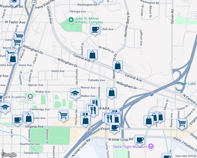 map of restaurants, bars, coffee shops, grocery stores, and more near 1279 Eubanks Avenue in East Point