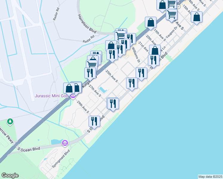 map of restaurants, bars, coffee shops, grocery stores, and more near 2609 Sarasota Street in Myrtle Beach