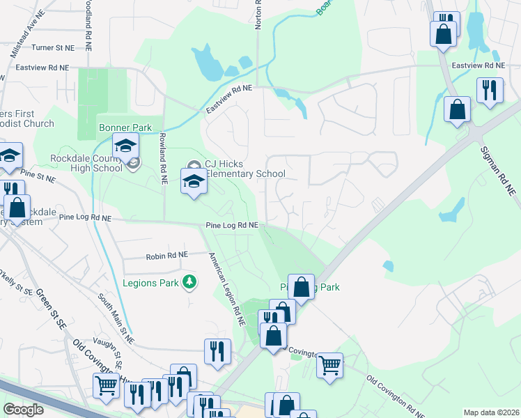 map of restaurants, bars, coffee shops, grocery stores, and more near 846 Park Place Northeast in Conyers