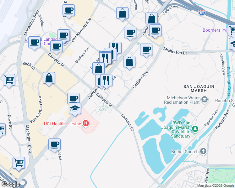 map of restaurants, bars, coffee shops, grocery stores, and more near 3300 Watermarke Place in Irvine