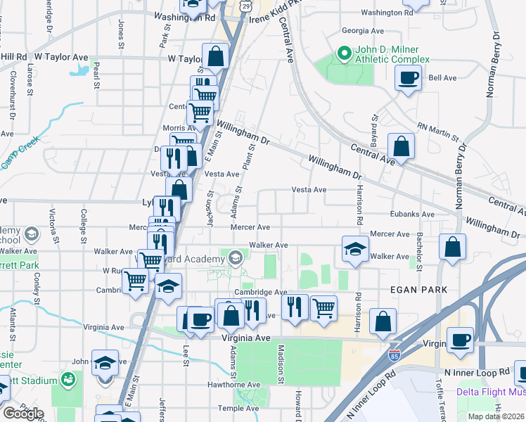 map of restaurants, bars, coffee shops, grocery stores, and more near 1596 Myrtle Lane in College Park