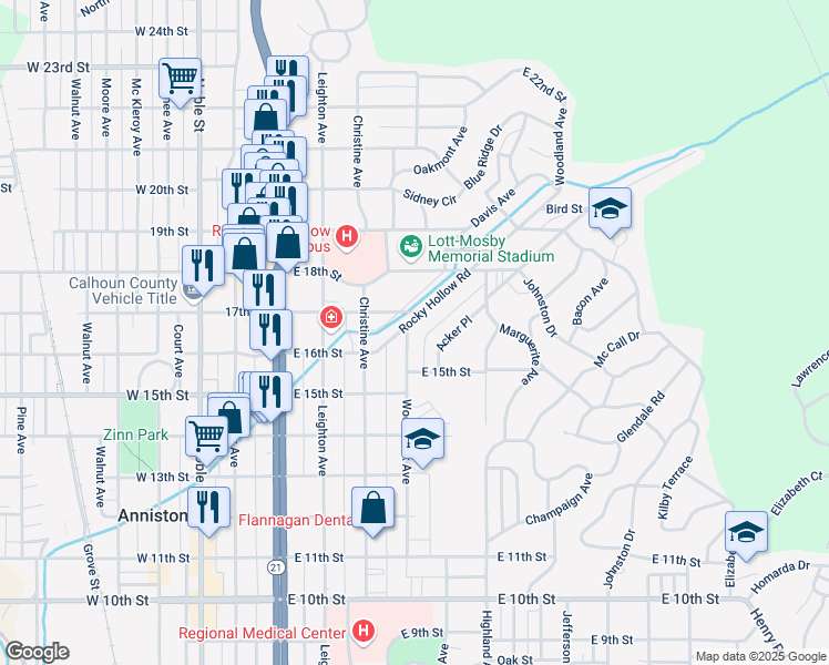 map of restaurants, bars, coffee shops, grocery stores, and more near 1631 Rocky Hollow Road in Anniston
