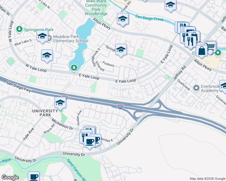 map of restaurants, bars, coffee shops, grocery stores, and more near 15 Greenmoor in Irvine