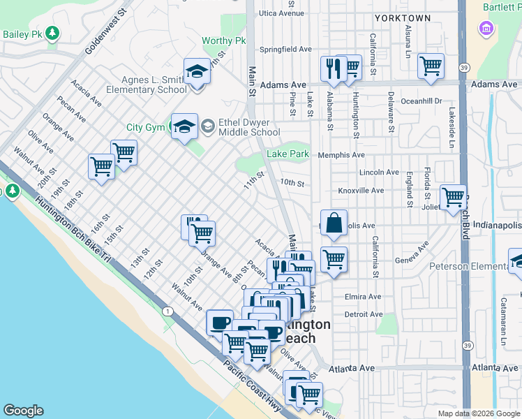 map of restaurants, bars, coffee shops, grocery stores, and more near 914 Palm Avenue in Huntington Beach