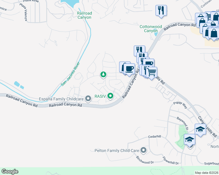 map of restaurants, bars, coffee shops, grocery stores, and more near 24215 Gazania Way in Lake Elsinore