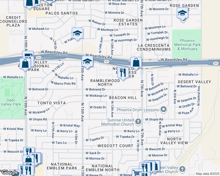 map of restaurants, bars, coffee shops, grocery stores, and more near 222 West Behrend Drive in Phoenix