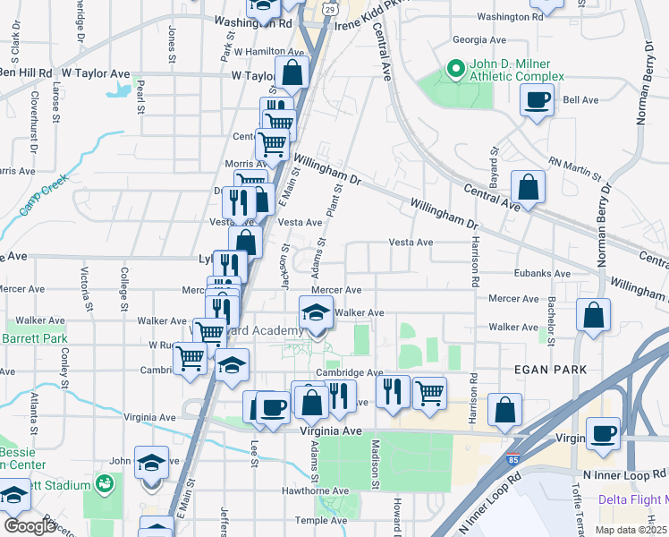 map of restaurants, bars, coffee shops, grocery stores, and more near 1596 Myrtle Lane in College Park