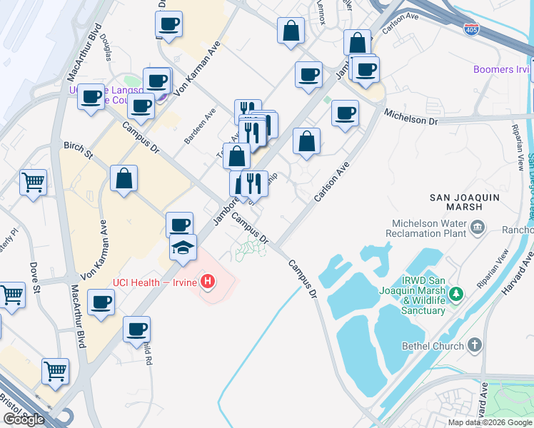 map of restaurants, bars, coffee shops, grocery stores, and more near 2311 Watermarke Place in Irvine