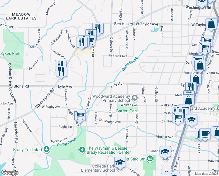 map of restaurants, bars, coffee shops, grocery stores, and more near 3300 Pierce Street in College Park