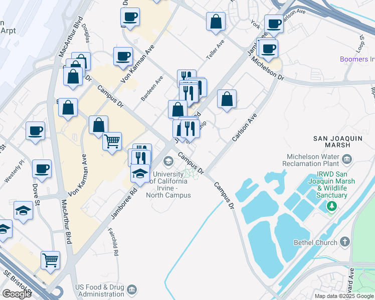 map of restaurants, bars, coffee shops, grocery stores, and more near 8076 Scholarship in Irvine