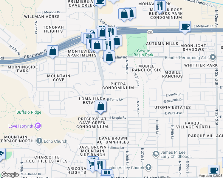map of restaurants, bars, coffee shops, grocery stores, and more near 19635 North Cave Creek Road in Phoenix