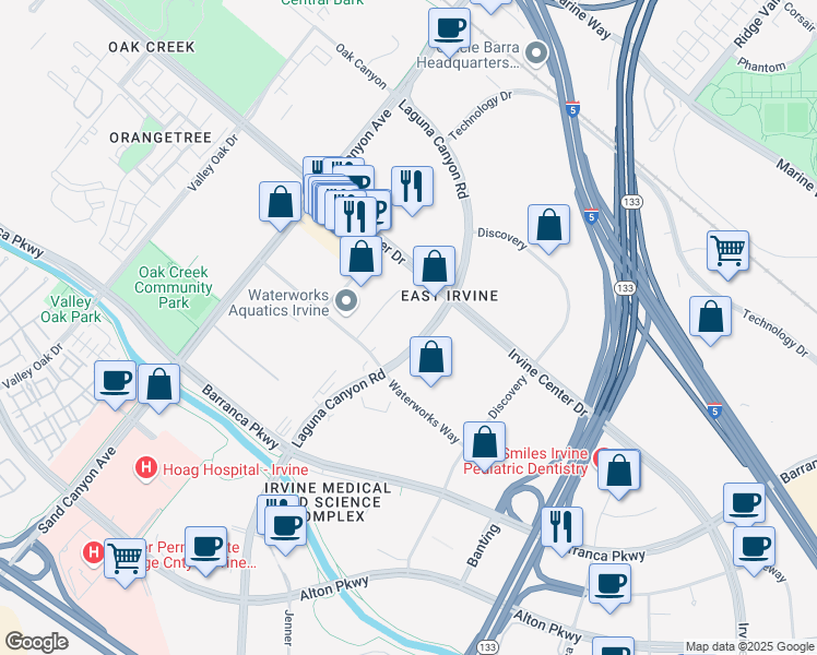 map of restaurants, bars, coffee shops, grocery stores, and more near 15785 Laguna Canyon Road in Irvine