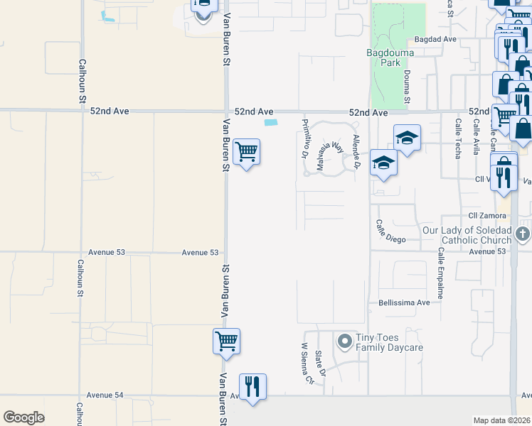 map of restaurants, bars, coffee shops, grocery stores, and more near Pyramid Ranch Drive in Coachella