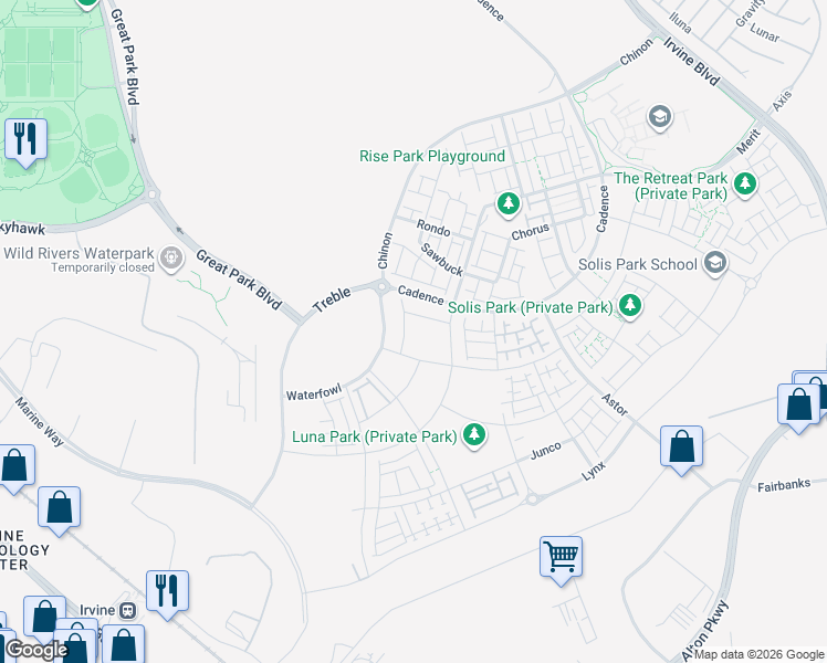 map of restaurants, bars, coffee shops, grocery stores, and more near 15310 Barranca Parkway in Irvine
