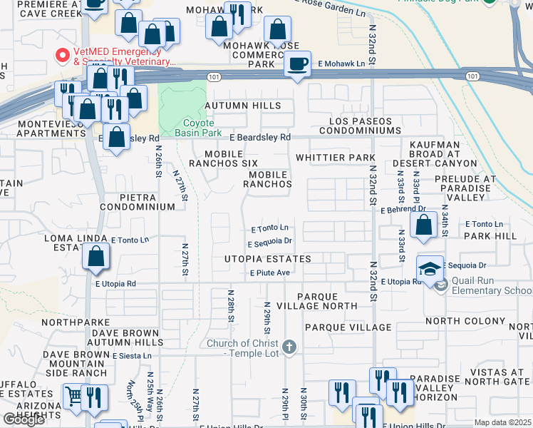 map of restaurants, bars, coffee shops, grocery stores, and more near 19653 North 29th Place in Phoenix