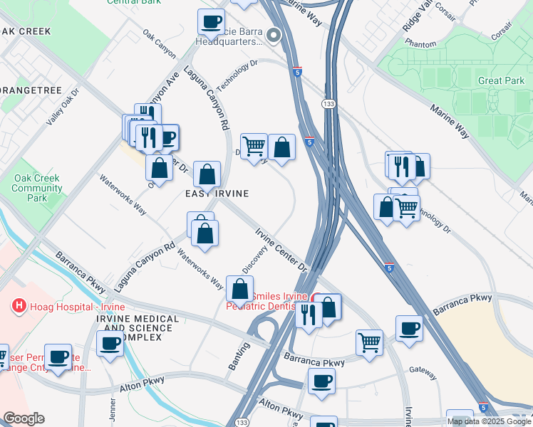map of restaurants, bars, coffee shops, grocery stores, and more near 47 Discovery in Irvine