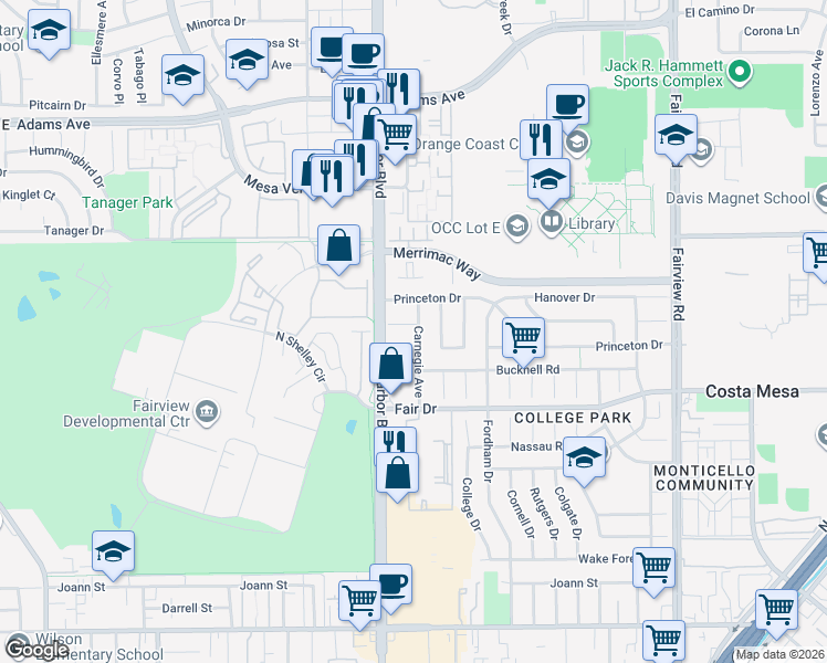 map of restaurants, bars, coffee shops, grocery stores, and more near 435 Swarthmore Lane in Costa Mesa