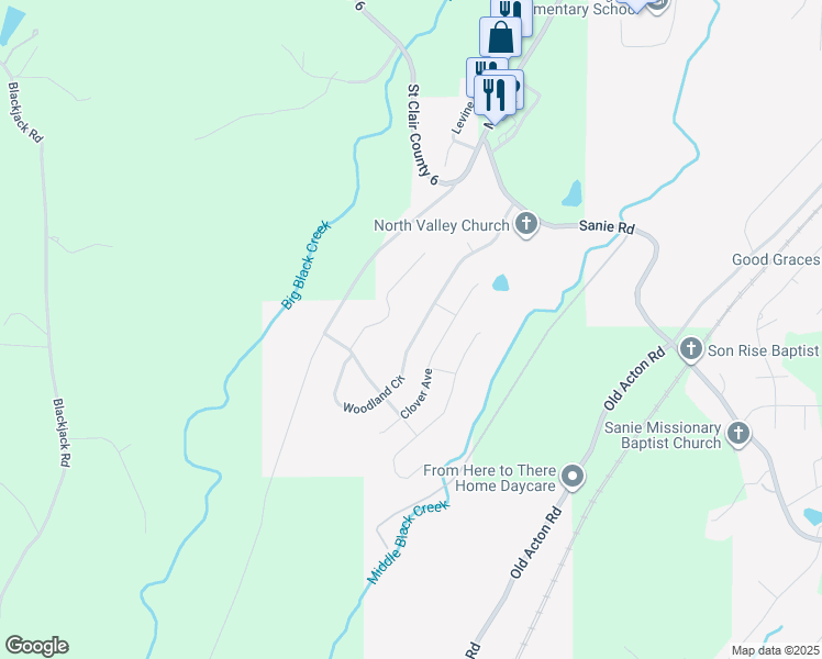 map of restaurants, bars, coffee shops, grocery stores, and more near 535 Woodland Circle in Odenville