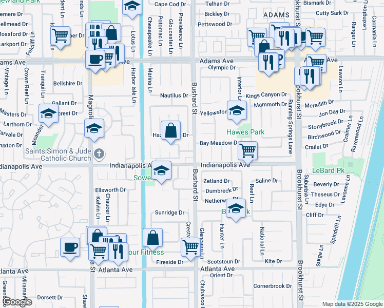 map of restaurants, bars, coffee shops, grocery stores, and more near 9442 Coastland Drive in Huntington Beach