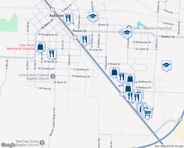 map of restaurants, bars, coffee shops, grocery stores, and more near 600-698 South Corbin Street in Ashdown