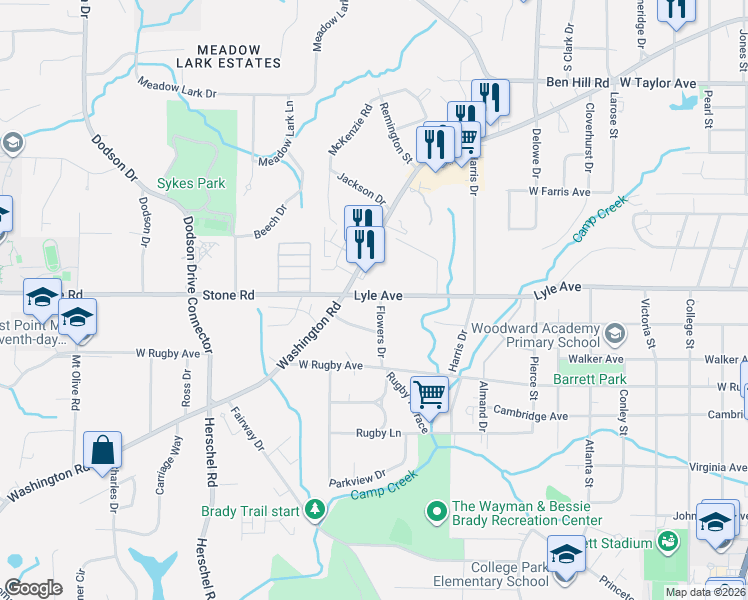 map of restaurants, bars, coffee shops, grocery stores, and more near 3270 Washington Road in Atlanta