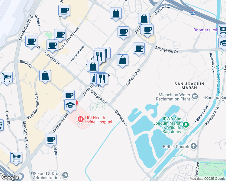 map of restaurants, bars, coffee shops, grocery stores, and more near 3201 Watermarke Place in Irvine