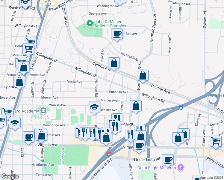 map of restaurants, bars, coffee shops, grocery stores, and more near 1315 Eubanks Avenue in East Point