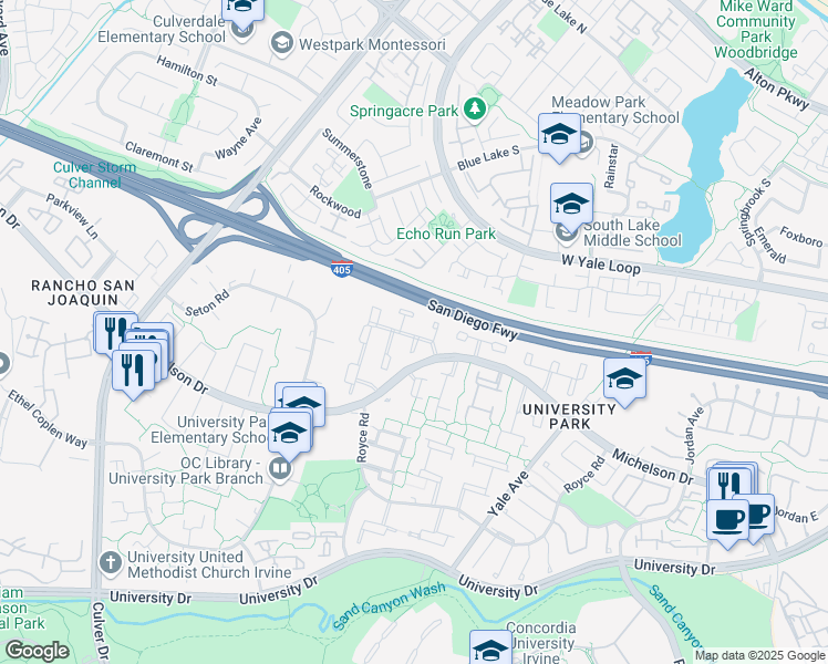 map of restaurants, bars, coffee shops, grocery stores, and more near 4501 Pinyon Tree Lane in Irvine