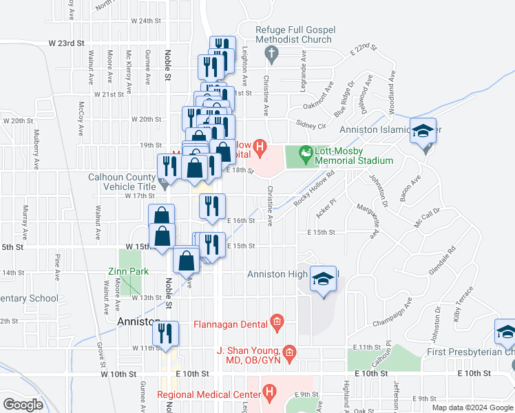 map of restaurants, bars, coffee shops, grocery stores, and more near 1620 Christine Drive in Anniston