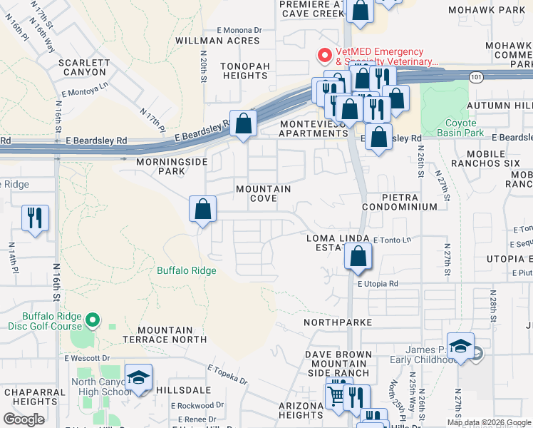 map of restaurants, bars, coffee shops, grocery stores, and more near 2116 East Behrend Drive in Phoenix