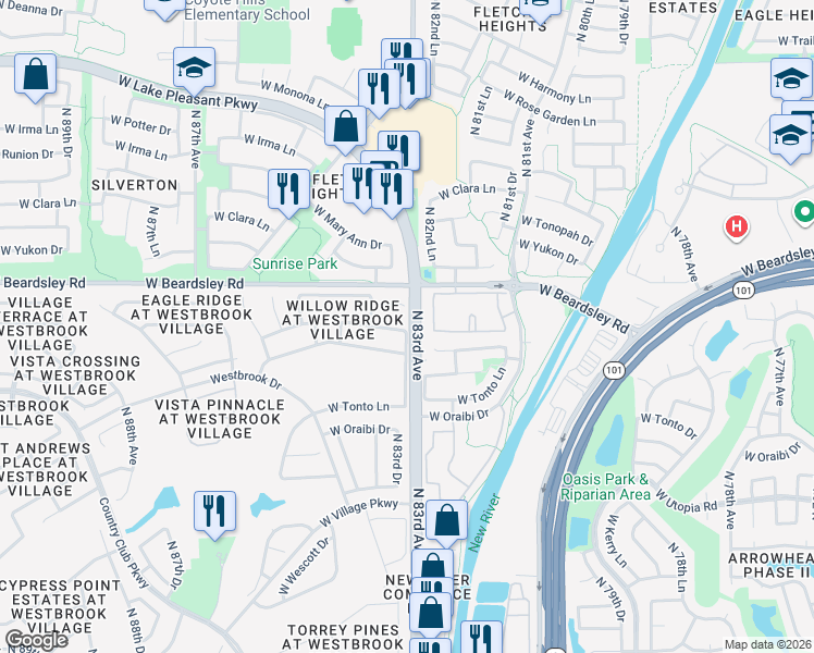 map of restaurants, bars, coffee shops, grocery stores, and more near in Peoria