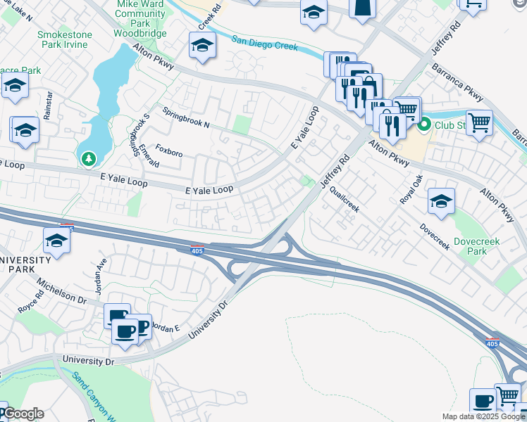 map of restaurants, bars, coffee shops, grocery stores, and more near 3 Springflower in Irvine