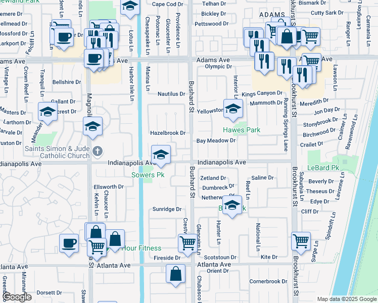 map of restaurants, bars, coffee shops, grocery stores, and more near 9442 Coastland Drive in Huntington Beach